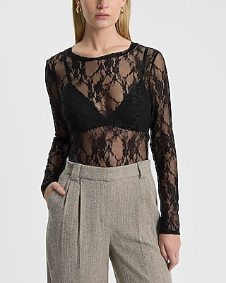 Express Women's Sheer Lace Long Sleeve Top in Pitch Black