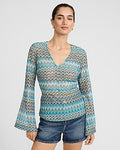 Express Women's Chevron Crochet V-Neck Bell Sleeve Top in Blue Print