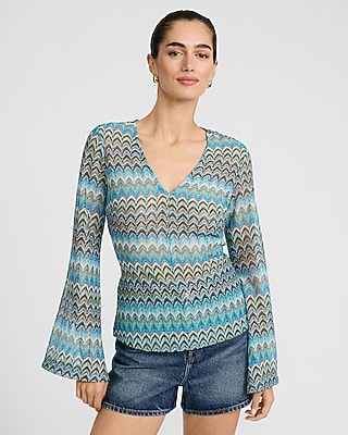 Express Women's Chevron Crochet V-Neck Bell Sleeve Top Small