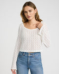 Express Women's Crochet Scoop Neck Long Sleeve Top in Ivory