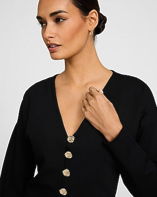 Express Women's Ponte V-Neck Long Sleeve Novelty Button Cutaway Top in Pitch Black