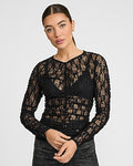 Express Women's Lace Ruched Crew Neck Long Sleeve T-Shirt in Pitch Black