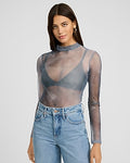 Express Women's Mesh Printed Mock Neck Long Sleeve T-Shirt in Blue Print
