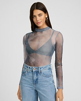 Express Women's Mesh Printed Mock Neck Long Sleeve T-Shirt in Blue Print