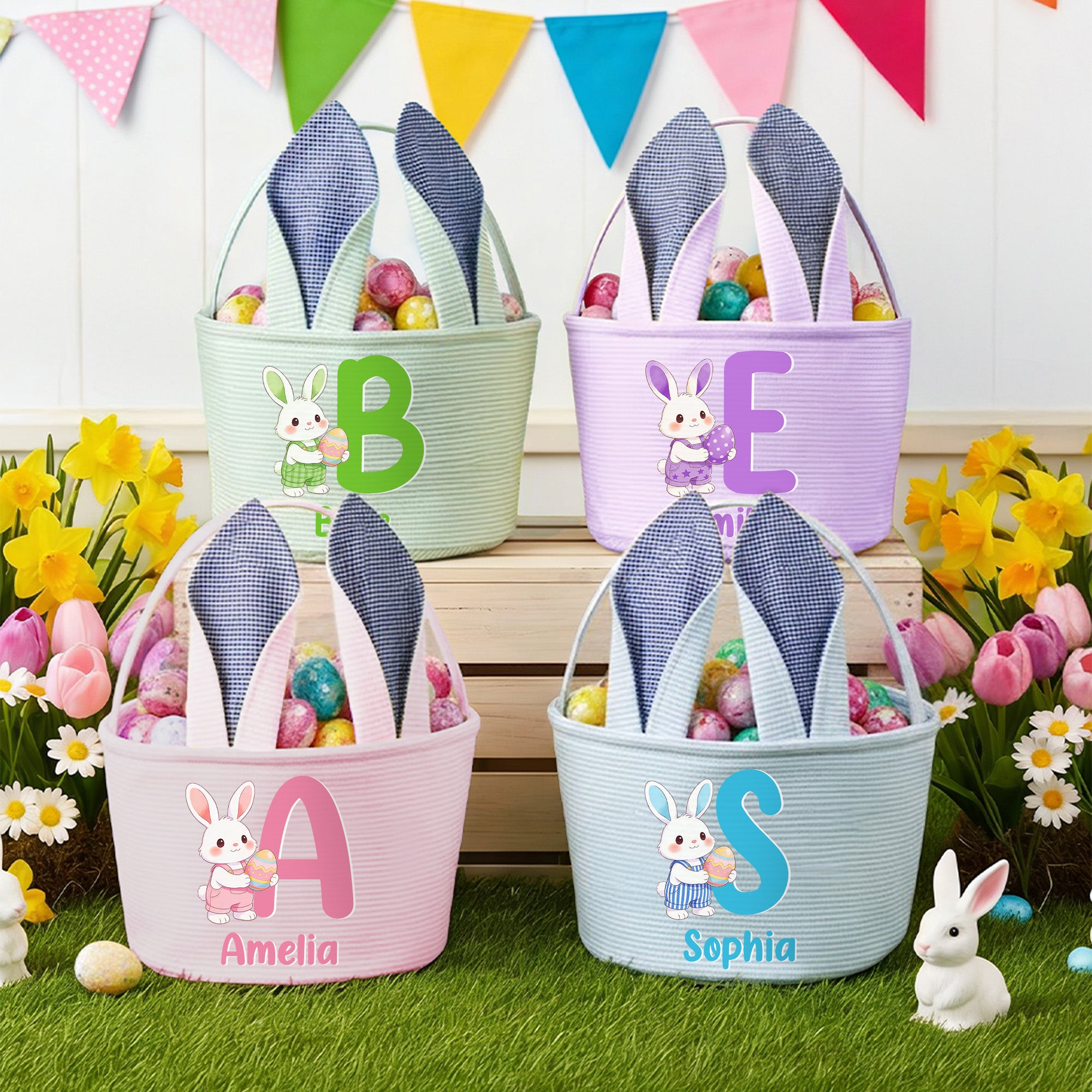 Personalizado lindo conejo de Pascua Orejas de huevo de Pascua de la raya Cesta de Pascua con el nombre y la inicial de Pascua del partido de caza de huevos de regalo para los niños