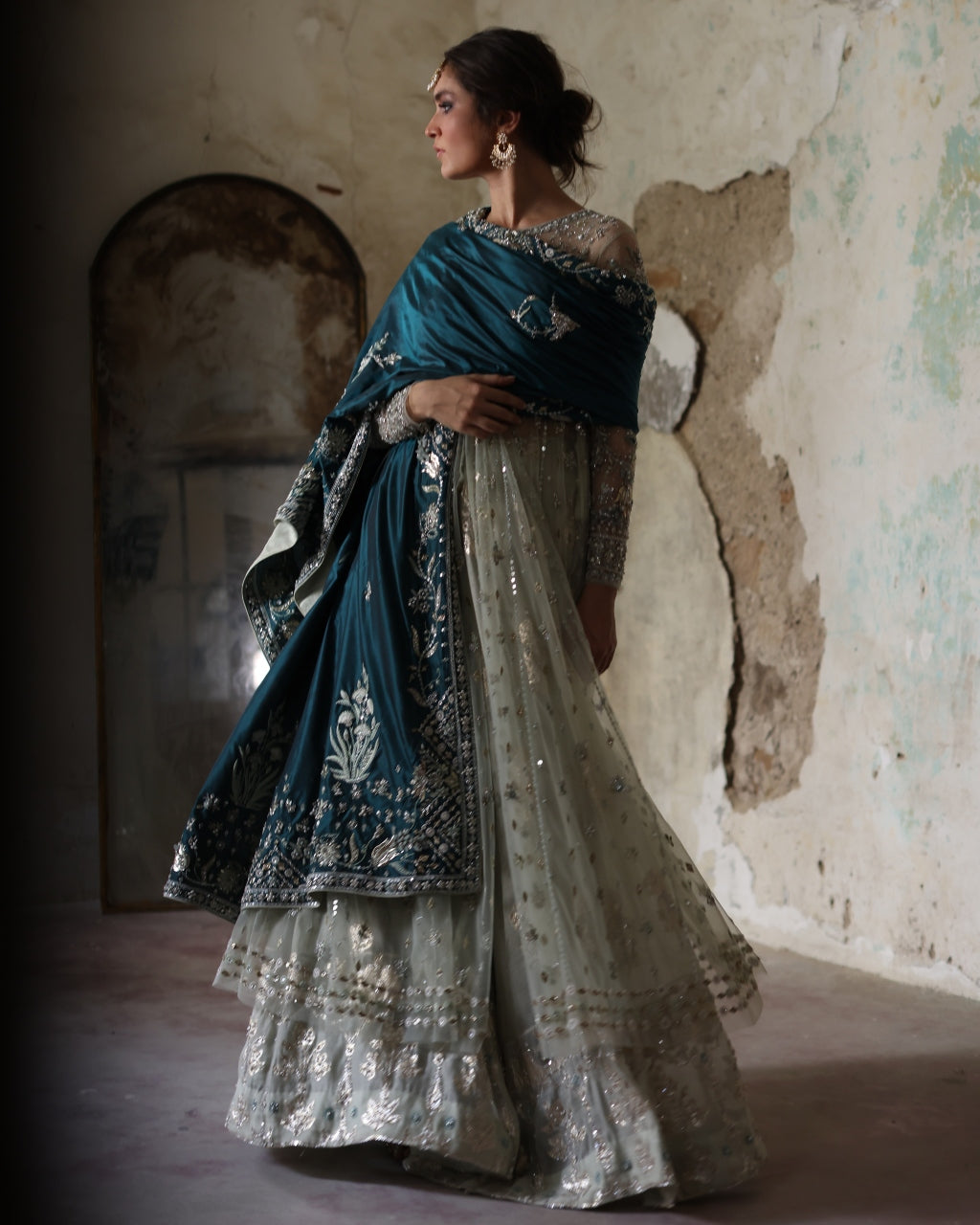 Teal Katan With Aqua Embroidered Lehenga Set By KYNAH, Luxury Indian Fashion & Bridal Wear