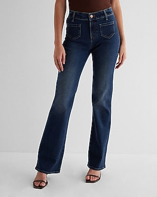 Express Women's Mid Rise Patch Pocket Bootcut Jeans in Dark Wash