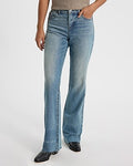 Express Women's Mid Rise Raw Hem Bootcut Jeans in Light Wash