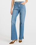 Express Women's High Waisted Medium Wash Vent Raw Hem '90S Bootcut Jeans in Blue, size: 0