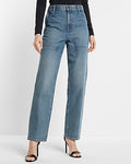 Express Women's Super High Waisted Utility Modern Straight Jeans in Medium Wash