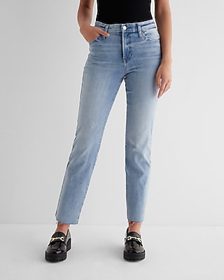 Express Women's High Waisted Light Wash Raw Hem Curvy FlexX Straight Ankle Jeans in Blue, size: Small