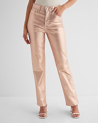 Express Women's High Waisted Metallic Coated Modern Straight Jeans in Gold, size: 0