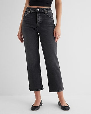 Express Women's High Waisted Washed Black Relaxed Straight Ankle Jeans in Medium Wash
