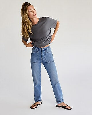 Express Women's High Waisted Curvy FlexX Straight Ankle Jeans in Medium Wash