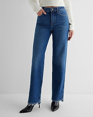 Express Women's High Waisted Medium Wash Distressed Hem Relaxed Straight Jeans in Light Wash