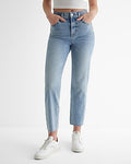 Express Women's High Waisted Raw Hem Straight Ankle Jeans in Light Wash