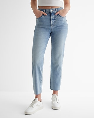 Express Women's High Waisted Raw Hem Straight Ankle Jeans in Light Wash