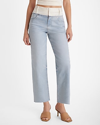 Express Women's High Waisted Satin Waistband Relaxed Ankle Straight Jeans in White