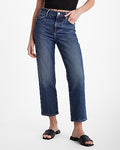 Express Women's High Waisted Dark Wash 50/50 Rigid Stretch Straight Ankle Jeans in Medium Wash