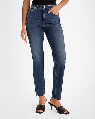 Express Women's High Waisted Curvy FlexX Raw Hem Straight Ankle Jeans in Dark Wash