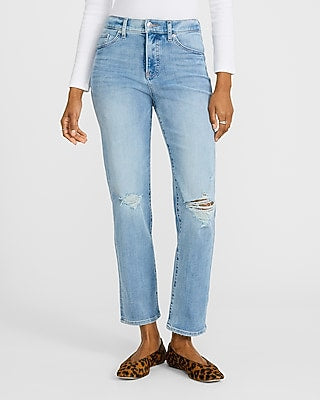 Express Women's High Waisted Ripped Straight Ankle Jeans in Light Wash