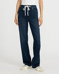 Express Women's High Waisted Dark Wash Relaxed Straight Drawstring Jeans in Medium Wash