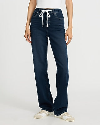 Express Women's High Waisted Dark Wash Relaxed Straight Drawstring Jeans in Medium Wash