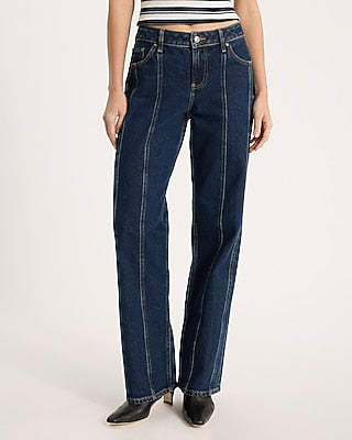 Express Women's Low Rise Dark Wash Center Seam 50/50 Rigid Stretch Relaxed Straight Jeans in Medium Wash