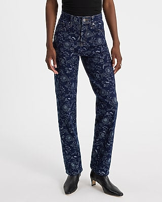 Express Women's High Waisted Floral Straight Jeans in Dark Wash