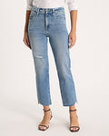 Express Women's High Waisted Curvy FlexX Ripped Raw Hem Straight Ankle Jeans in Light Wash