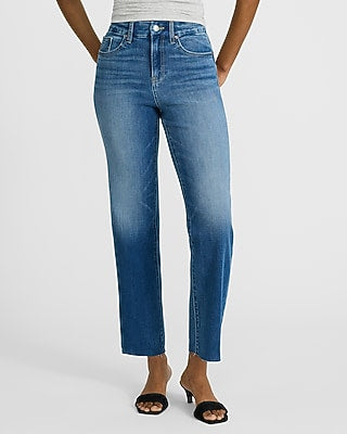 Express Women's High Waisted Curvy FlexX Raw Hem Straight Ankle Jeans in Medium Wash