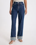 Express Women's High Waisted Dark Wash Cuffed Hem Relaxed Straight Jeans in Medium Wash