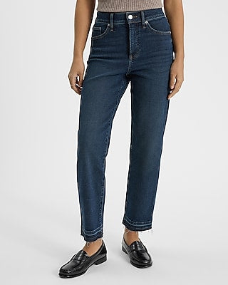 Express Women's High Waisted Dark Wash Straight Ankle Jeans in Blue, size: 0