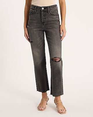 Express Women's High Waisted Washed Black 50/50 Rigid Stretch Straight Ankle Jeans in Medium Wash