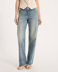 Express Women's Low Rise Light Wash 50/50 Rigid Stretch Relaxed Straight Jeans in Medium Wash
