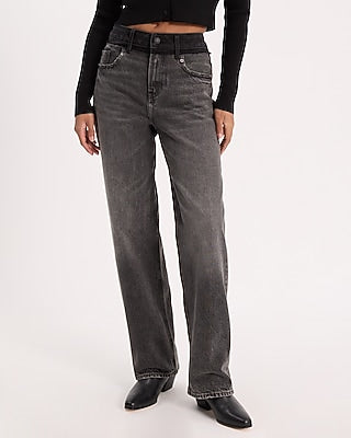 Express Women's High Waisted Black Wash Contrast Waistband 50/50 Rigid Stretch Relaxed Straight Jeans in Pitch Black