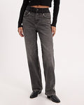 Express Women's High Waisted Wash Contrast Waistband 50/50 Rigid Stretch Relaxed Straight Jeans in Black, size: 0