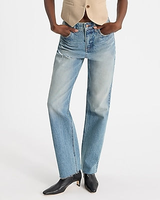 Express Women's High Waisted Ripped Raw Hem Straight Jeans in Medium Wash