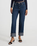 Express Women's High Waisted Dark Wash Cuffed 50/50 Rigid Stretch Straight Ankle Jean in Blue, size: 0