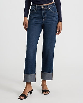 Express Women's High Waisted Dark Wash Cuffed 50/50 Rigid Stretch Straight Ankle Jean in Blue, size: 0