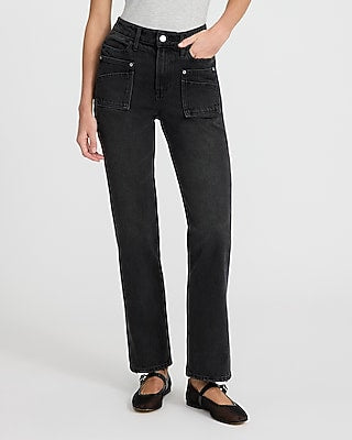 Express Women's High Waisted Black Wash 50/50 Rigid Stretch Modern Straight Jeans in Pitch Black