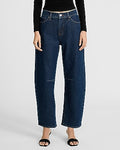 Express Women's Mid Rise Dark Wash Barrel Jeans in Light Wash