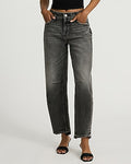Express Women's Mid Rise Washed Black Raw Hem Barrel Jeans in Light Wash