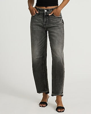 Express Women's Mid Rise Washed Black Raw Hem Barrel Jeans in Light Wash