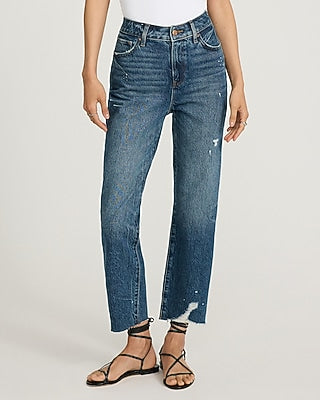Express Women's High Waisted 50/50 Rigid Stretch Paint Splatter Straight Ankle Jeans in Light Wash