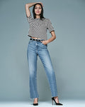 Express Women's High Waisted Light Wash Raw Hem 50/50 Rigid Stretch Straight Ankle Jeans in Medium Wash