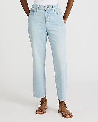 Express Women's High Waisted Light Wash Raw Hem 50/50 Rigid Stretch Straight Ankle Jeans in Blue, size: 0