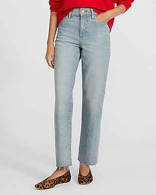Express Women's High Waisted Light Wash Straight Ankle Jeans in Blue, size: 0