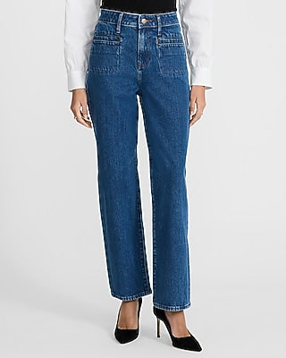 Express Women's High Waisted Patch Pocket 50/50 Rigid Stretch Straight Ankle Jeans in Dark Wash