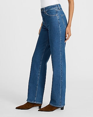Express Women's High Waisted Medium Wash Studded Relaxed Straight Jeans in Blue, size: 0